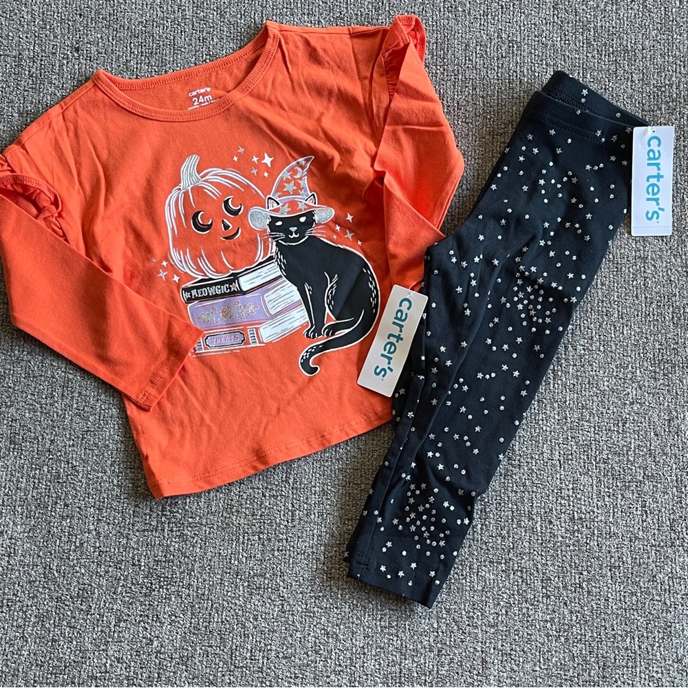 Carter's Orange Black Witchy Cat Top Silver Star Leggings Pumpkin Halloween 24